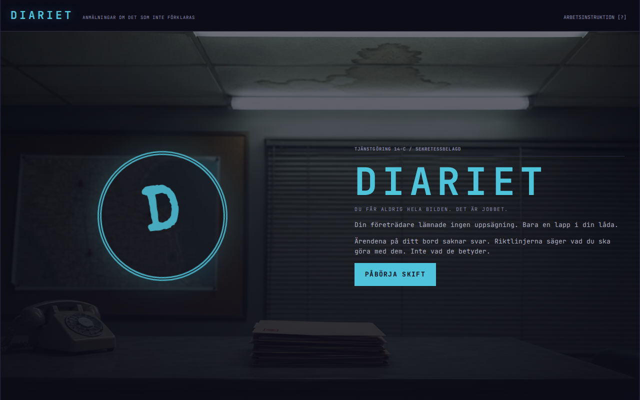 Diariet — the intro screen with a rotary phone and a corkboard map, a clean-ending case file, and the tension-driven loss ending where the handler becomes the case