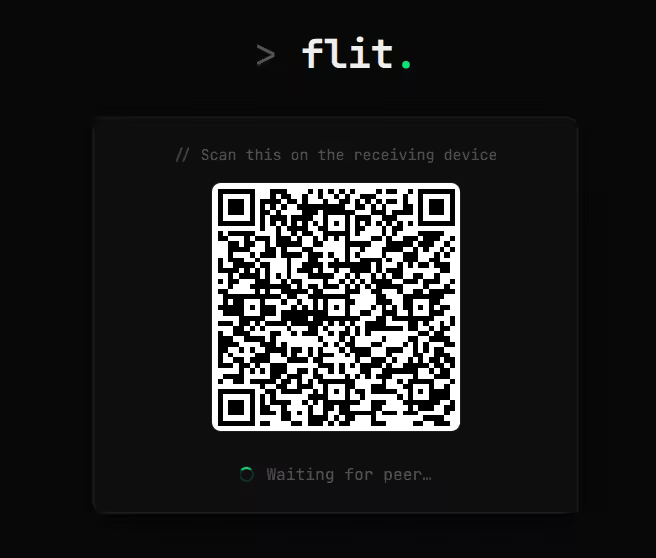 flit QR pairing screen — large QR code displayed with 'Waiting for peer…' status