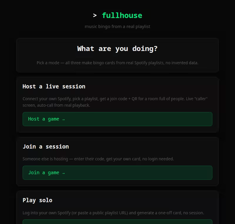 fullhouse — mode picker, a live caller screen mid-session, and a guest's bingo card with real cover art and song/artist badges