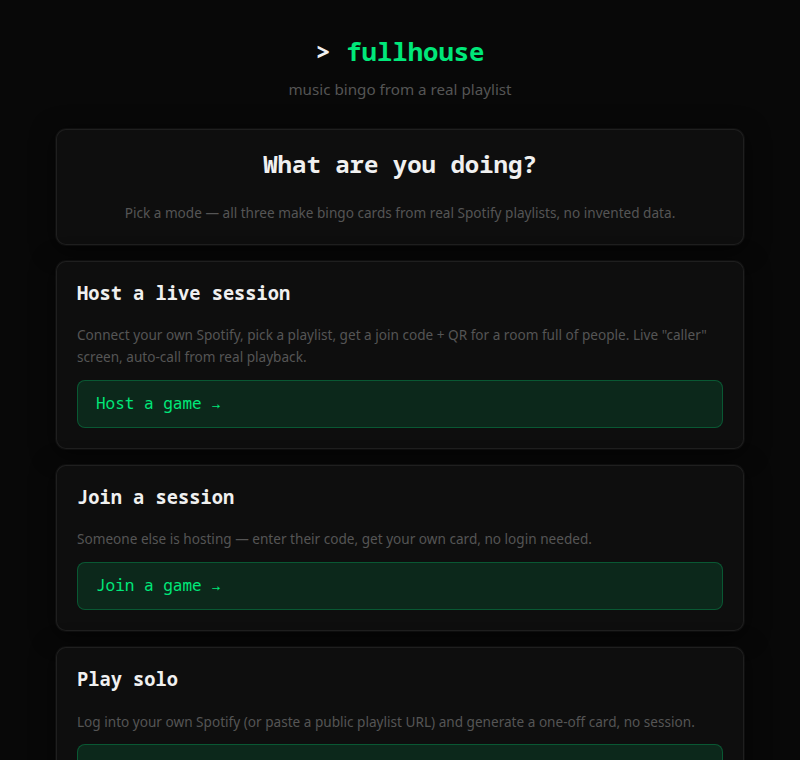 fullhouse — mode picker, a live caller screen mid-session, and a guest's bingo card with real cover art and song/artist badges