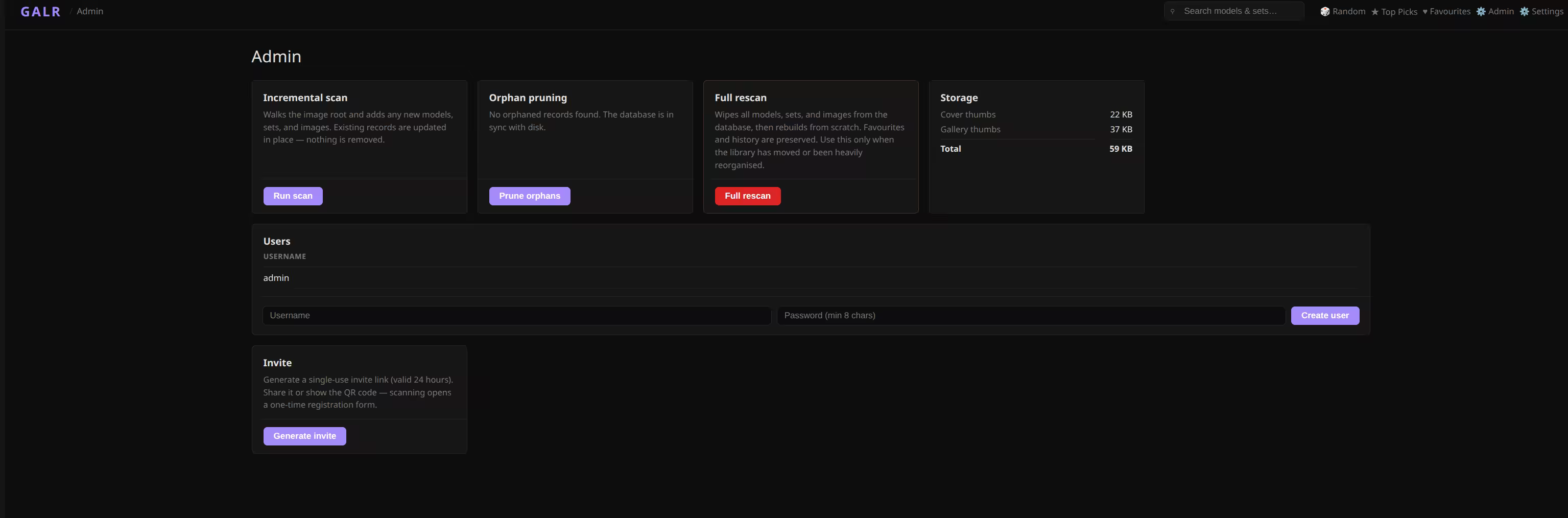 Screenshot of the Admin area