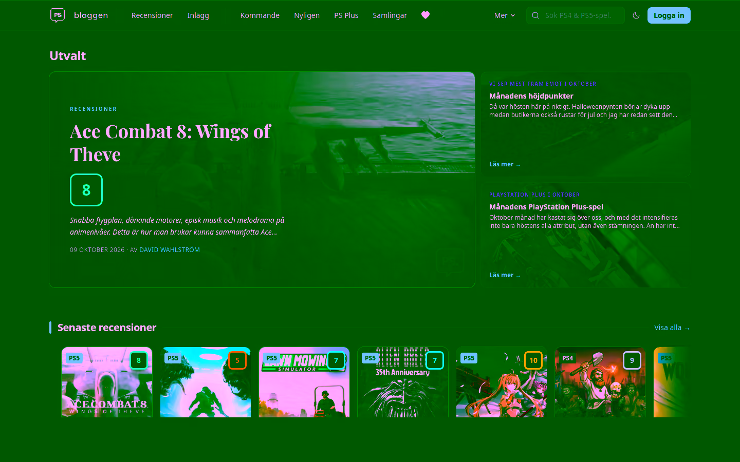 PSbloggen — the redesigned homepage, a review page with the SVG score arc, and the curated collections page