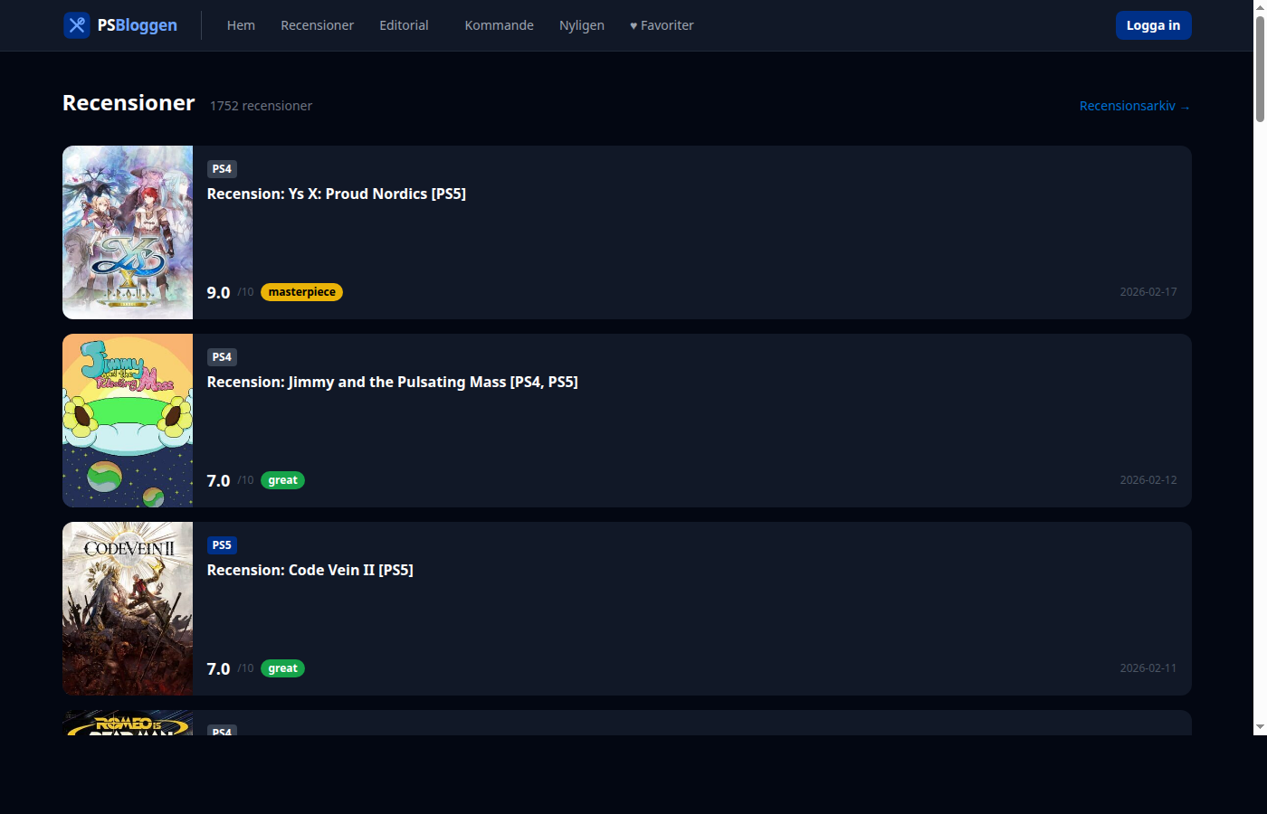 PSBloggen — review listings with scores and platform badges