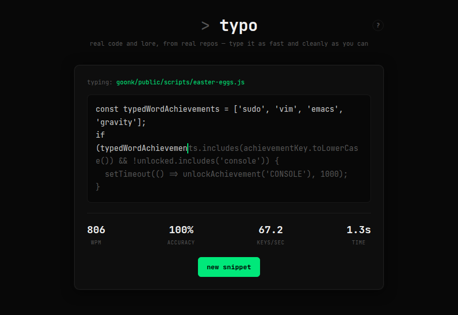 typo mid-typing session showing live WPM/accuracy/keys-per-second stats, and a Swedish-language lore snippet from djupet's event log