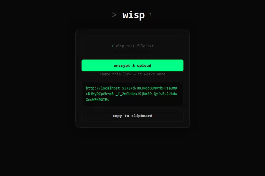 wisp — encrypt-and-upload success screen showing a one-time share link